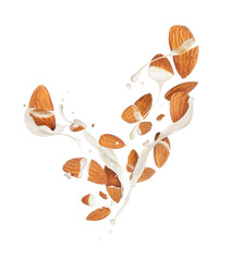 Crushed dried almonds with splashes of milk in the air isolated on a white background