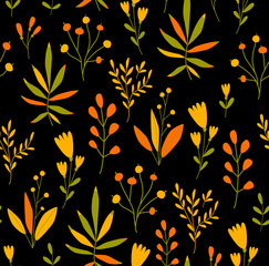Print. Bright seamless botanical background. Field plants, berries. Dark background with tulips. Vector floral pattern. Fabric, paper, wallpaper.