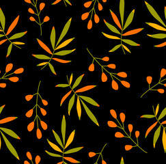 Print. Seamless tropical background. Palm branches, berries. Summer botanical background. Tropical plants vector pattern. You can print on fabric, paper. Wallpaper.