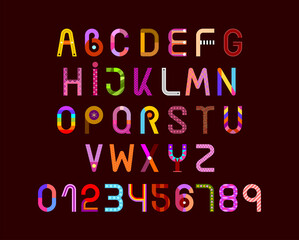Decorative font design, letters and numbers with different colorful patterns isolated on a dark background. Each object is on a separate layer in the vector EPS file.