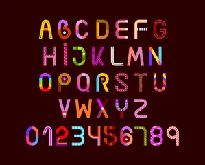 Foto op Plexiglas Decoratief lettertypeontwerp, letters en cijfers met verschillende kleurrijke patronen geïsoleerd op een donkere achtergrond. Elk object staat op een aparte laag in het vector EPS-bestand. ©  danjazzia