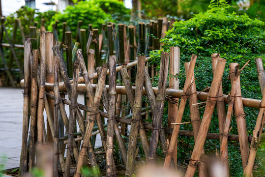 Close-up of bamboo fence fence in a Chinese garden