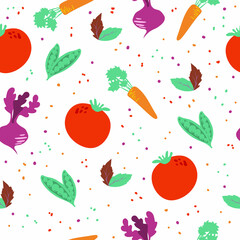 Seamless vegetable pattern. Painted in a flattened style. Websites about proper nutrition and ordering produce from farm stores. Organic foods. Healthy food vector concept with flat veggies.