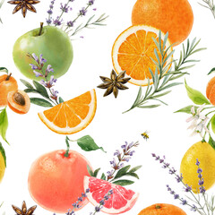 Beautiful seamless summer pattern with watercolor greens and lemon apple orange grapefruit fruits. Stock illustration.