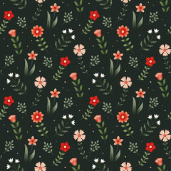 Raster seamless pattern with stylized flowers in nature color.  Stylish background with tiny wild flowers on deep green background. Floral pattern for fabric, dress, textile, wrapping paper, etc.