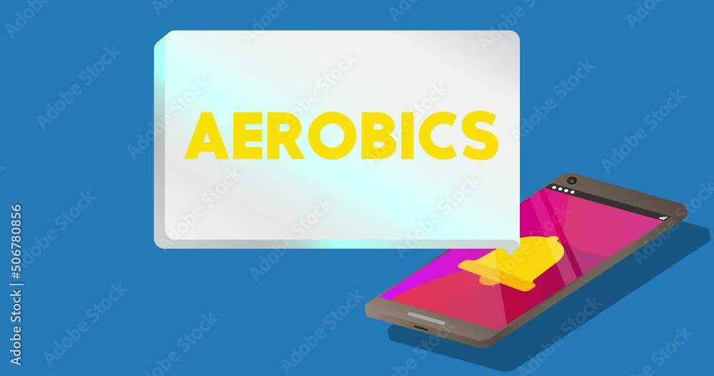 Poster aerobics text on notification bubble from portable information device screen. mobile app message, co