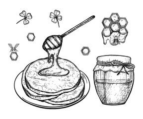 pancakes with honey on plates vector sketch
