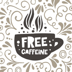 Decaf hand drawn illustration with typography. Decaffeinated coffee cup silhouette with steam spires. Colored grunge style lettering card with ink drops. Restaurant coffee card, poster design element