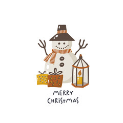 Merry christmas. Christmas card. Hand drawn illustration in cartoon style. Cute concept for xmas. Illustration for the design postcard, textiles, apparel, decor