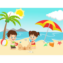 Obraz na płótnie Canvas Children making sand castle at tropical beach