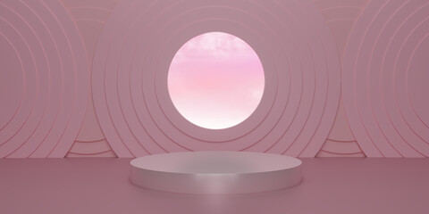Shiny pink round pedestal  with pink sky on studio  backdrops.  Pink Blank display or clean room for showing product. Minimalist mockup for podium display or showcase. 3D rendering.