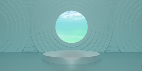 Shiny green round pedestal  with blue sky on studio  backdrops.  Green Blank display or clean room for showing product. Minimalist mockup for podium display or showcase. 3D rendering.