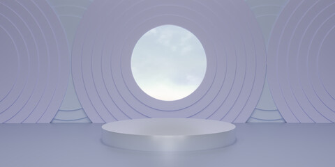 Shiny purple round pedestal  with blue sky on studio  backdrops.  Violet Blank display or clean room for showing product. Minimalist mockup for podium display or showcase. 3D rendering.