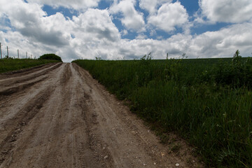 a country road and white cumulus clouds in a blue sky