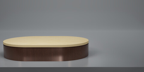 Shiny brown wooden oval pedestal or podium in studio backdrops. Blank display  for showing product. Copy space. Minimalist wood mockup for showcase. 3D rendering.
