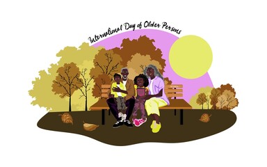 International day of older persons vector illustration. African American elderly woman and man with grandchildren. Happy and smiling elderly woman and man are sitting on a bench in the autamn park