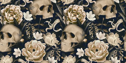 Foto op Plexiglas Vintage floral seamless wallpaper with skulls, peonies, butterflies. Dark botanical background. Repeating pattern for design of fabric, paper, wallpaper, canvas. Hand drawn 3d illustration © Polina