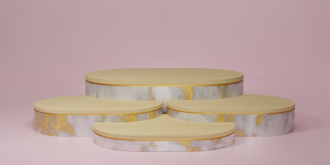 Shiny pink marble with wooden on top of oval pedestal or podium in pink studio backdrops. Blank display  for showing product. Copy space. Marble with gold texture mockup for showcase. 3D rendering.