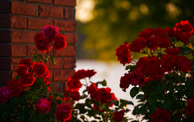 Beautiful photo with a lot of red roses flowers next to a brick wall in sunrise light. Floral photography details.