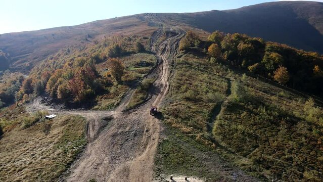 aerial view of trail road to the top of carpathian mountains
