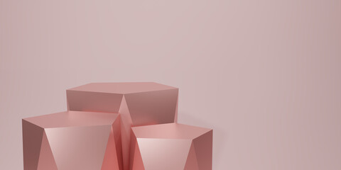 3D render geometric podium. Rose gold hexagon cube, Pink square podium in pink background. Concept scene stage showcase, product, promotion sale, banner, presentation, cosmetic. 3D rendering.