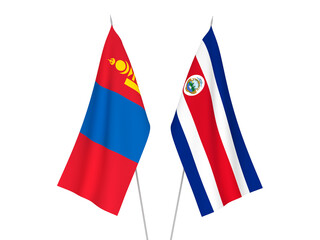 National fabric flags of Mongolia and Republic of Costa Rica isolated on white background. 3d rendering illustration.