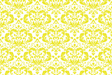 Wallpaper in the style of Baroque. Seamless vector background. White and yellow floral ornament. Graphic pattern for fabric, wallpaper, packaging. Ornate Damask flower ornament