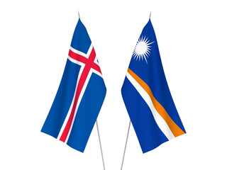 National fabric flags of Iceland and Republic of the Marshall Islands isolated on white background. 3d rendering illustration.