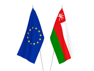 National fabric flags of European Union and Sultanate of Oman isolated on white background. 3d rendering illustration.