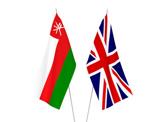 Obraz na płótnie Canvas National fabric flags of Great Britain and Sultanate of Oman isolated on white background. 3d rendering illustration.