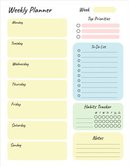 Weekly planner printable template Vector. Blank white notebook page Letter format. Business organizer schedule page for a week for effective planning. Paper sheet. Vector illustration design