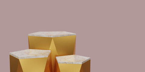 3D render gold hexagon cube, square podium with white marble on top in pink background. Concept scene stage showcase, product, promotion sale, banner, presentation, cosmetic. 3D rendering.