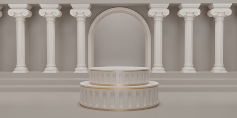 Fototapeta premium 3D render Classic beige pillars pedestal on roman columns backdrops. classical interior marble architecture for showing product. Ancient greek architecture with pillars. 3d rendering.
