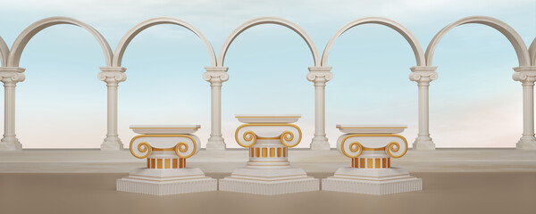 3D render Classic beige pillars pedestal on roman columns and blue sky backdrops. classical interior marble architecture for showing product. Ancient greek architecture with pillars. 3d rendering.