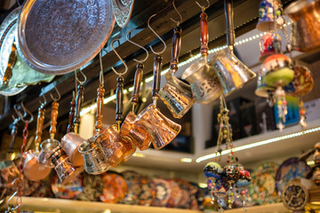 Multiple bronze turkish coffee pots for sale in the Grand Bazaar