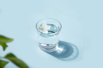 Fresh clear water drink with white flower apple tree in glass