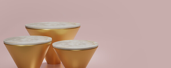 Shiny gold with white marble on top of oval pedestal or podium in pink studio backdrops. Blank display  for showing product. Copy space. Minimalist mockup for showcase. 3D rendering.
