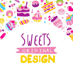 Sweets Hand Drawn Design with Cake and Ice Cream Dessert Vector Template
