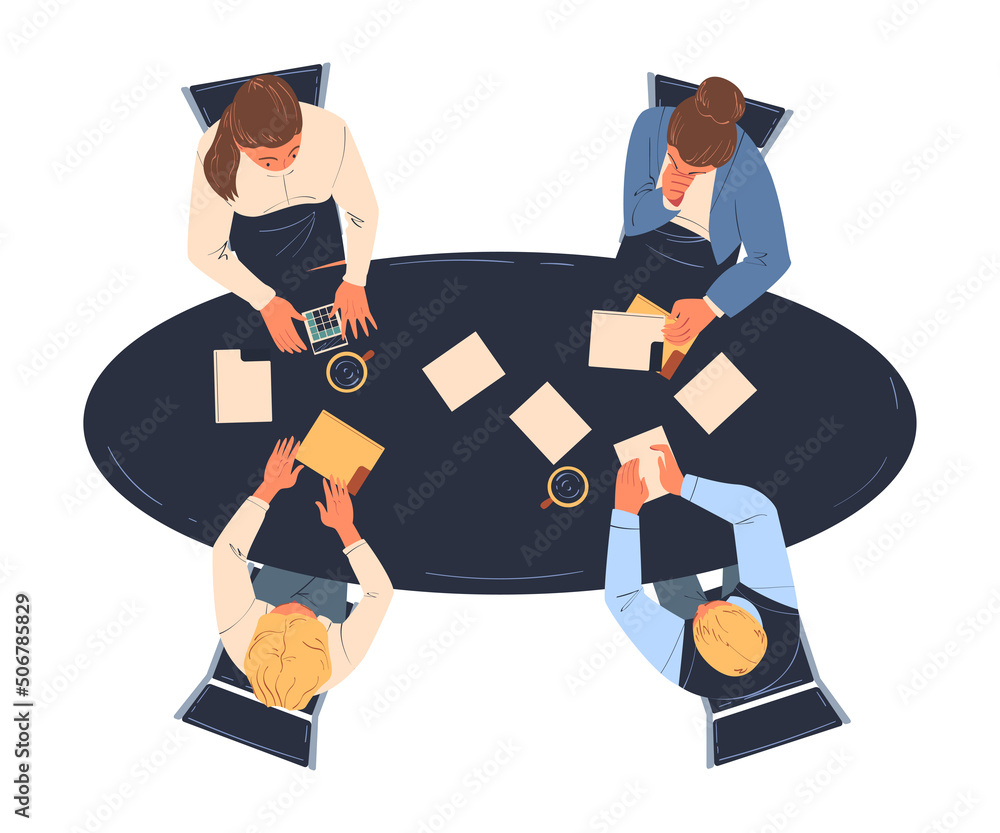 Aufkleber teamwork with office worker brainstorming at round table discussing project above view vector illust