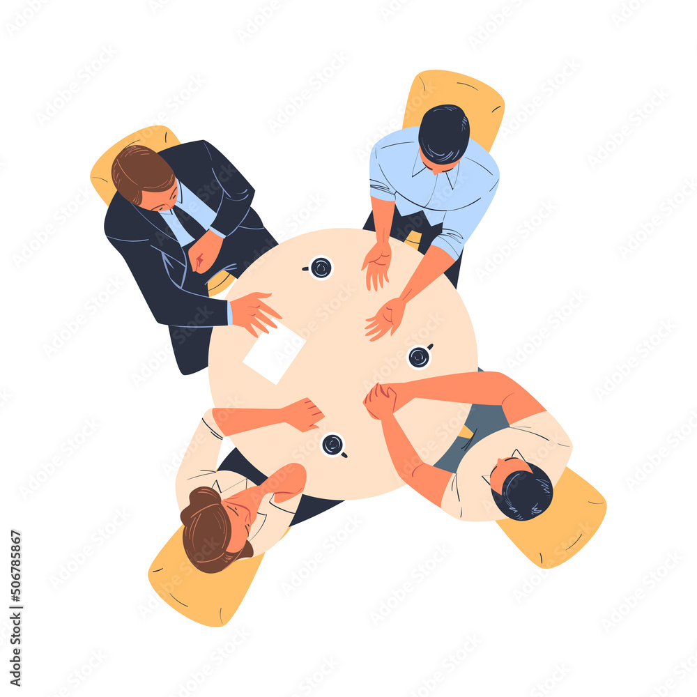 Aufkleber teamwork with office worker brainstorming at round table discussing project above view vector illust