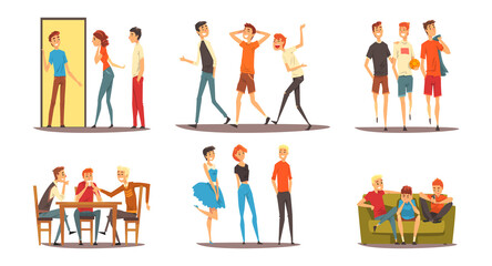 Teen Boy and Girl Company Gathering Together Spending Time Vector Set