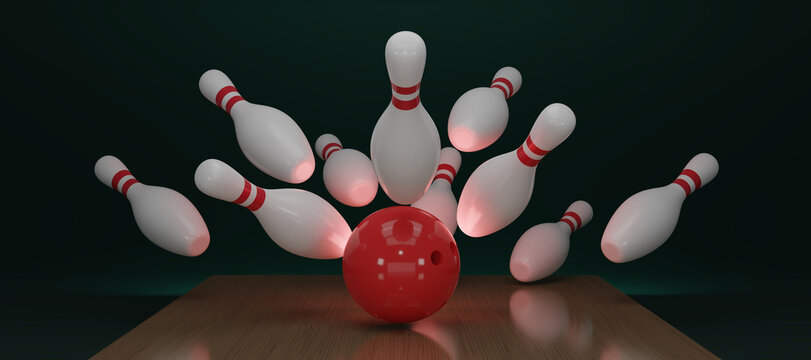 3d render a red bowling ball crashing into the pins on a dark green background. Bowling ball striking against pins. Concept of success and win. 3D rendering illustration.