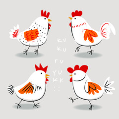 A set of rooster,hen,little chicken icon character poultry farm animal vector illustration