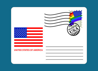 Postal envelope. Postage stamp with lgbt flag. Made in the usa.