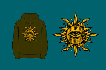 streetwear graphic design of sun with eye, for cloth and screenprint