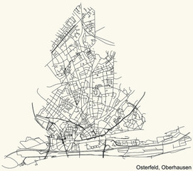 Naklejka premium Detailed navigation black lines urban street roads map of the OSTERFELD BOROUGH of the German regional capital city of Oberhausen, Germany on vintage beige background