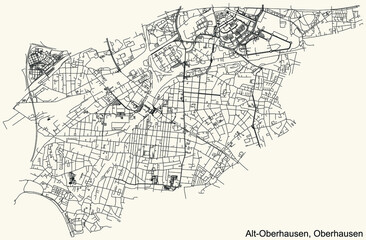Fototapeta na wymiar Detailed navigation black lines urban street roads map of the ALT-OBERHAUSEN BOROUGH of the German regional capital city of Oberhausen, Germany on vintage beige background
