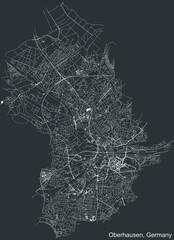 Detailed negative navigation white lines urban street roads map of the German regional capital city of OBERHAUSEN, GERMANY on dark gray background