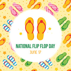 National Flip Flop Day vector greeting card, illustration with cute colorful flip flops on sandy beach pattern background. June 17.
