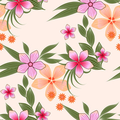 Vector floral beautiful pattern on peach gradient hand drawn multicolored flowers and green leaves with light veins for the design of fabric, paper, pillowcase, tablecloth.